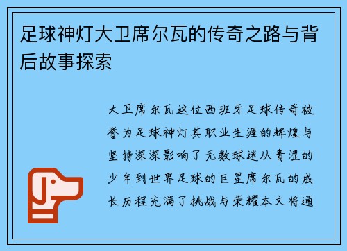 足球神灯大卫席尔瓦的传奇之路与背后故事探索